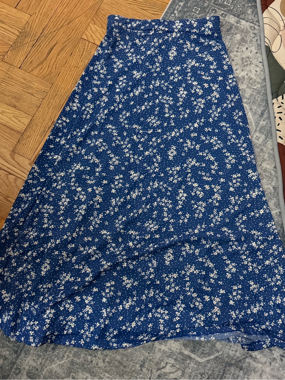 Blue Floral Maxi Skirt with White Blossom Print